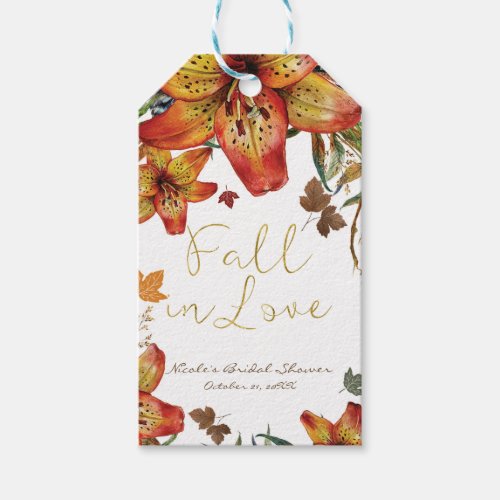 Fall In Love Floral Orange Lilies  Leaves Autumn Gift Tags