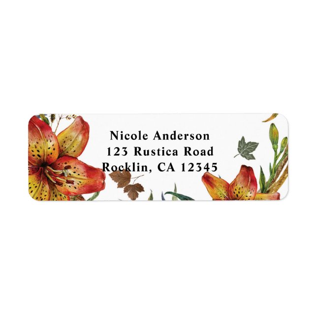 Fall In Love Floral Orange Lilies & Leaves Autumn Label (Front)