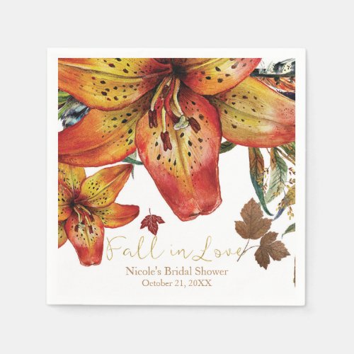 Fall In Love Floral Orange Lilies  Leaves Autumn Paper Napkins