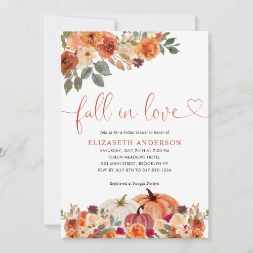 Fall in Love Floral Orange Pumpkin Bridal Shower Invitation