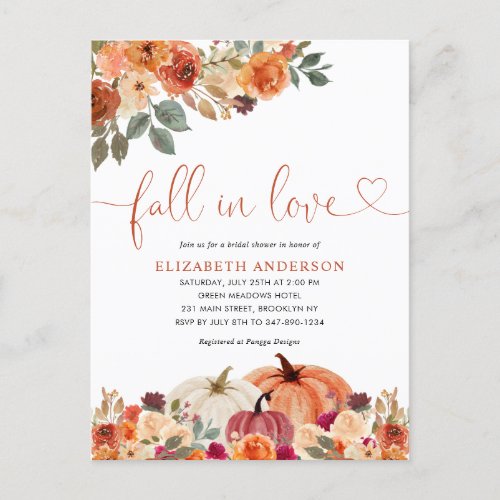 Fall in Love Floral Orange Pumpkin Bridal Shower Postcard