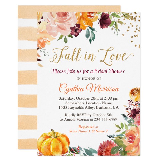 Fall In Love Floral Pumpkin Autumn Bridal Shower Invitation