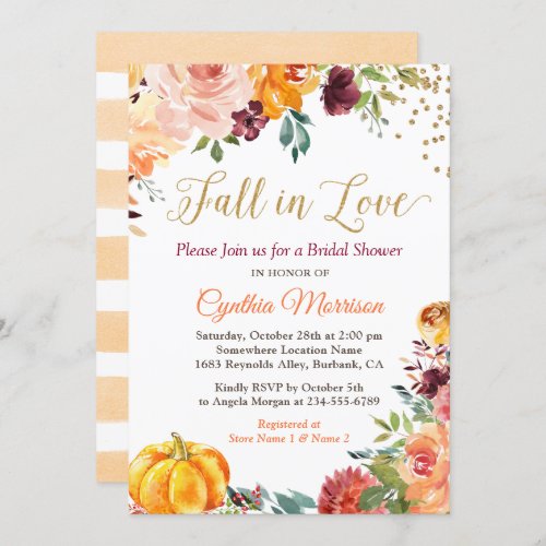 Fall in Love Floral Pumpkin Autumn Bridal Shower Invitation - Fall in Love Floral Pumpkin Autumn Bridal Shower Invitation 
(1) For further customization, please click the "customize further" link and use our design tool to modify this template. 
(2) If you prefer Thicker papers / Matte Finish, you may consider to choose the Matte Paper Type. 
(3) If you need help or matching items, please contact me.