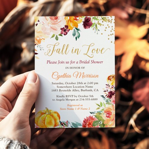 Fall in Love Floral Pumpkin Autumn Bridal Shower Invitation