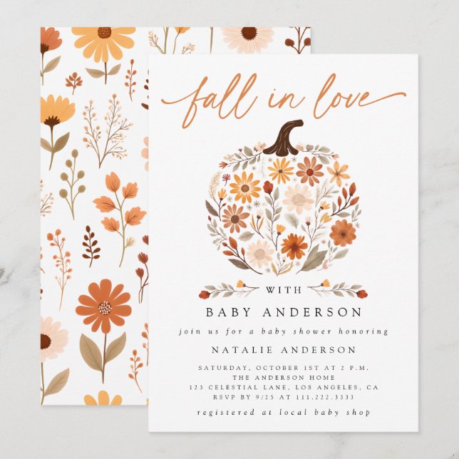 Fall in Love Floral Pumpkin Baby Shower Invitation (Front/Back)