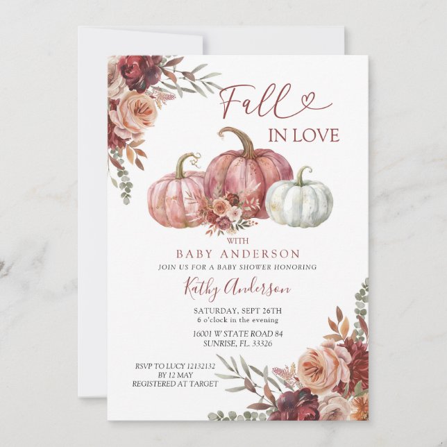 Fall in Love Floral Pumpkin Baby Shower Party  Invitation (Front)