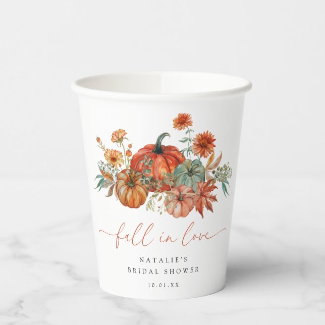 Fall in Love Floral Pumpkin Bridal Shower Paper Cups (Left)
