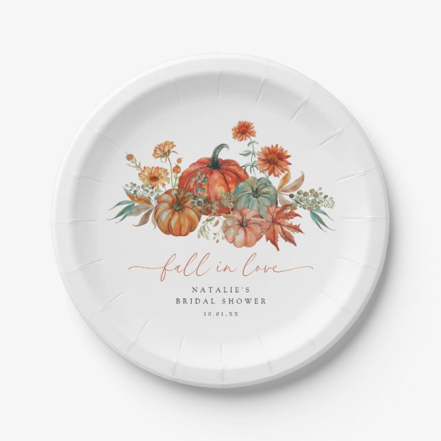 Fall in Love Floral Pumpkin Bridal Shower Paper Plates (Front)