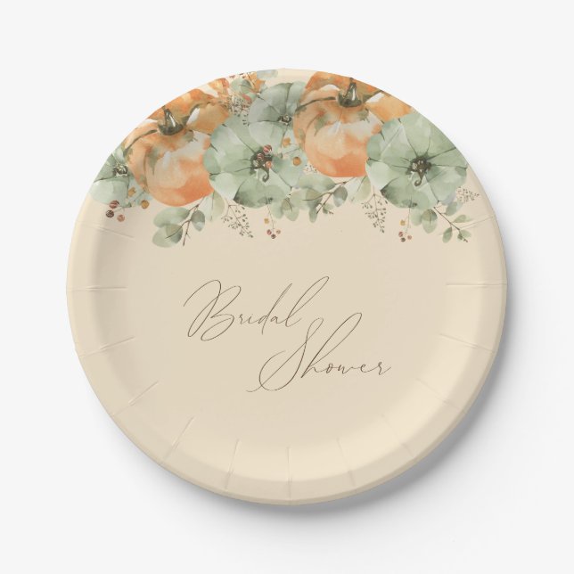 Fall in Love Floral Pumpkin Bridal Shower Paper Plates (Front)