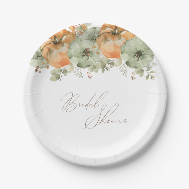 Fall in Love Floral Pumpkin Bridal Shower Paper Plates (Front)