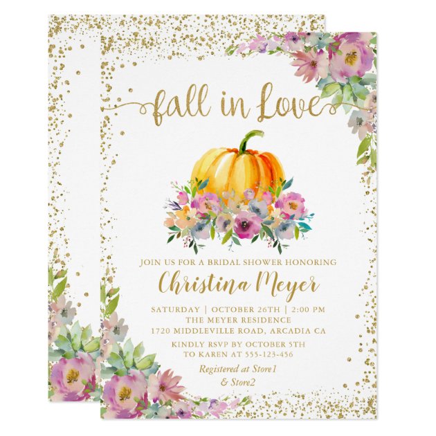 Fall In Love Floral Pumpkin Glitter Bridal Shower Invitation