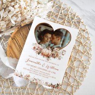 Fall in love Floral Pumpkin Hear Photo Wedding Invitation