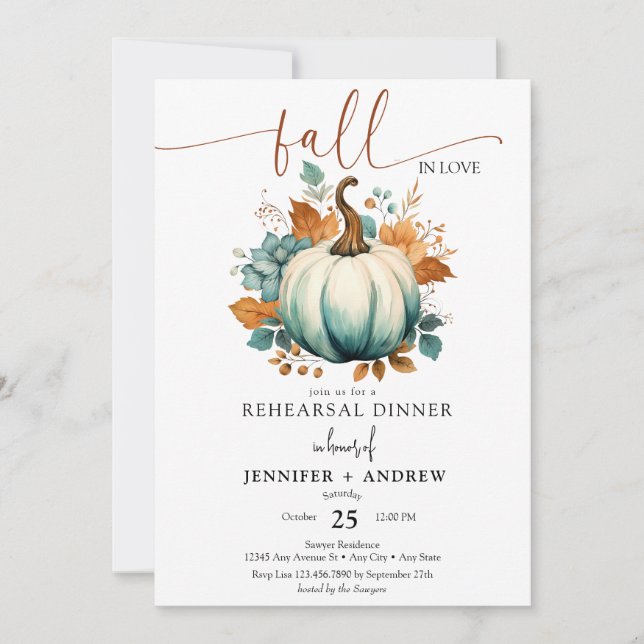  Fall in Love | Floral Pumpkin | Rehearsal Dinner Invitation (Front)