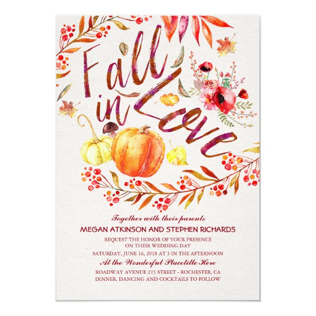 Fall In Love Floral Pumpkin Rustic Country Wedding Invitation