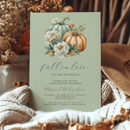 Fall in Love Floral Pumpkin Sage Green Baby Shower Invitation