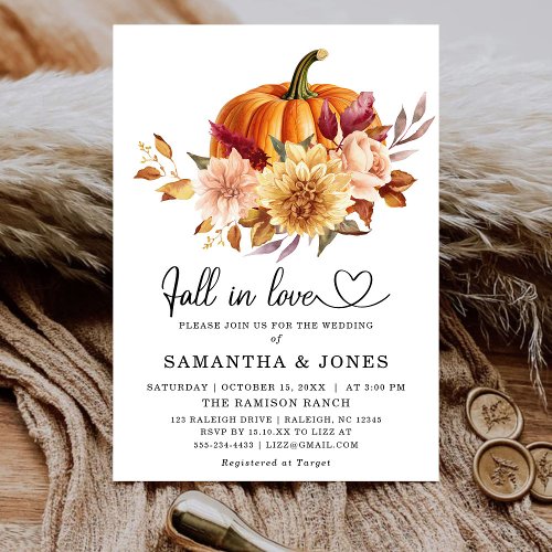 Fall in Love Floral  Pumpkin  Wedding Invitation