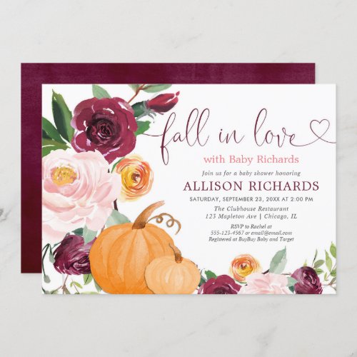 Fall in love floral rustic burgundy baby shower invitation