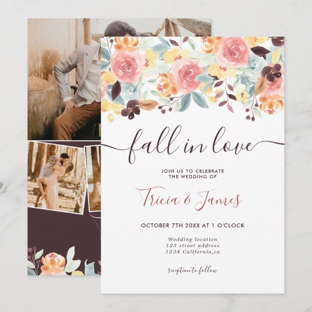 Fall in love floral rustic photo initials wedding invitation (Front/Back)