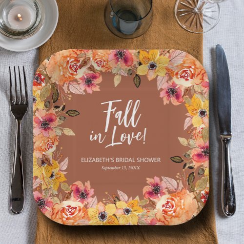 Fall in Love Floral Terracotta Bridal Shower Paper Plates