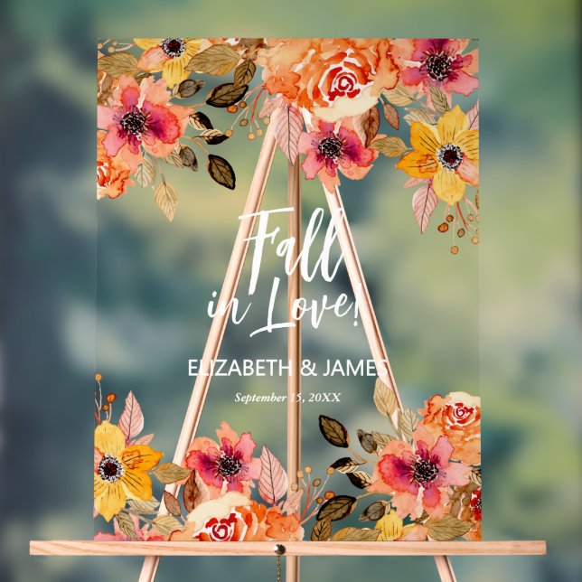 Fall in Love Floral Wedding Welcome Acrylic Sign (Neutral)