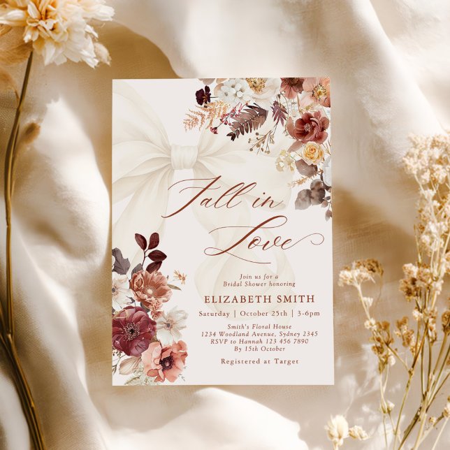 Fall In Love Floral White Bow Bridal Shower Invitation (Creator Uploaded)