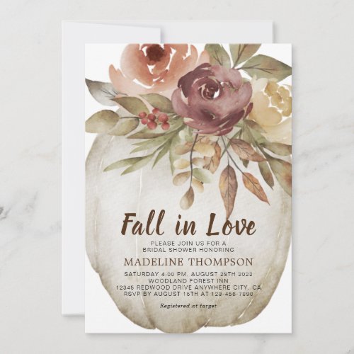 Fall in Love Floral White Pumpkin Bridal Shower Invitation