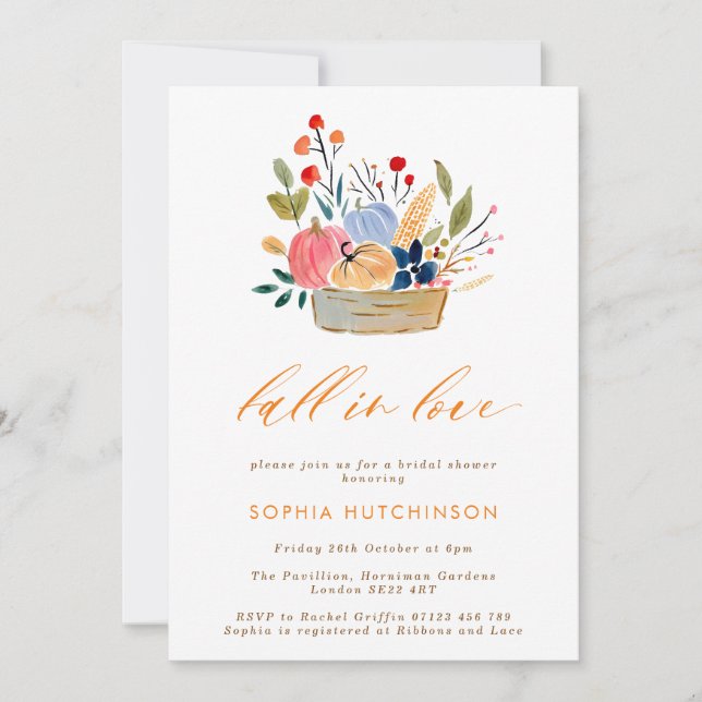  Fall in Love Flowers & Pumpkins Bridal Shower Invitation (Front)