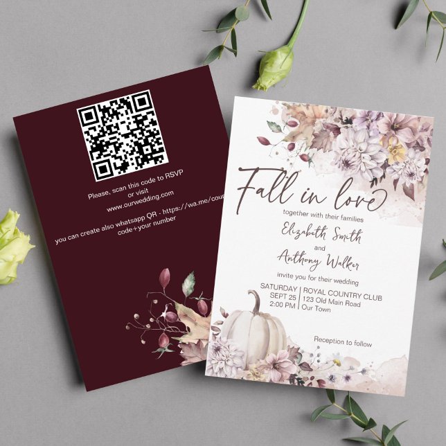 Fall in love foliage pumpkin wedding invitation (Fall in love autumn wedding invitation template pastel pumpkin chrysanthemum floral muted colors )