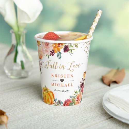 Fall in Love Gold Autumn Floral Pumpkin Wedding Paper Cups