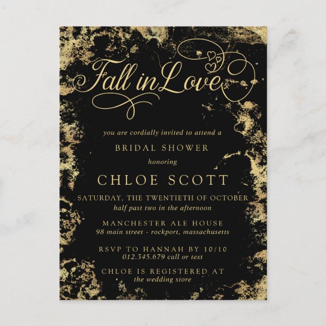 Fall in Love Gold Black Bridal Shower Postcard (Front)