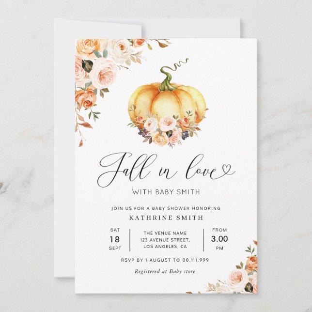 Fall in love gold blush floral baby shower  invitation (Front)