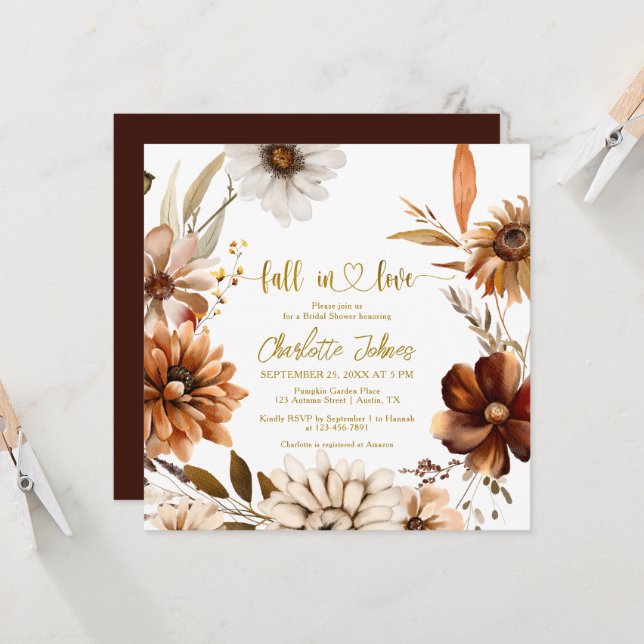 Fall In Love Gold Foil Boho Floral Bridal Shower Invitation (Front/Back In Situ)
