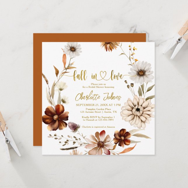Fall In Love Gold Foil Terracotta Bridal Shower Invitation (Front/Back In Situ)