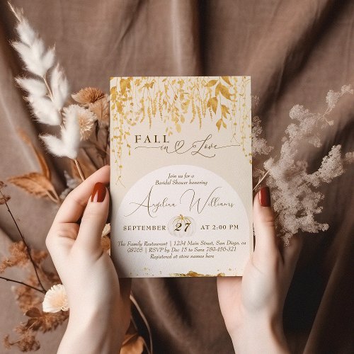 Fall in Love Gold Leaves Bridal Shower Invitation