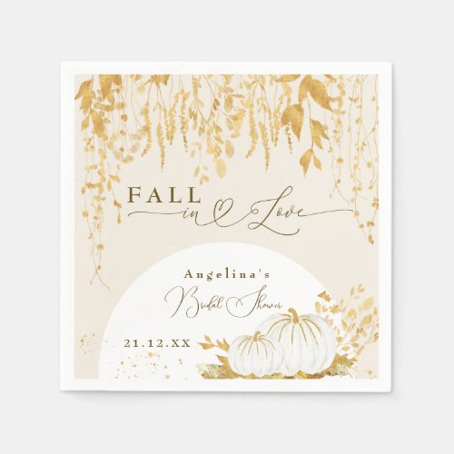 Fall in Love Gold Leaves Bridal Shower Napkins