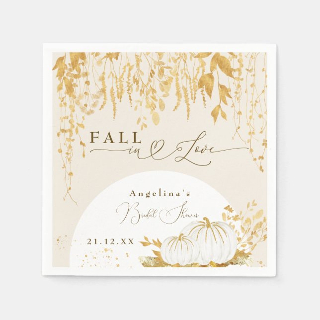 Fall in Love Gold Leaves Bridal Shower Napkins (Front)