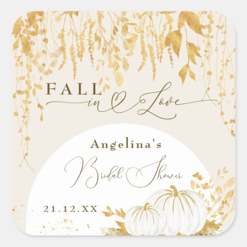 Fall in Love Gold Leaves Bridal Shower Square Sticker