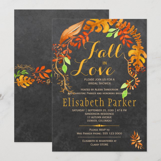 Fall in love gold leaves chalkboard bridal shower invitation (Front/Back)