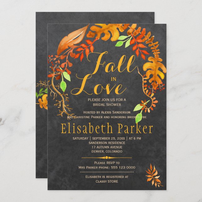 Fall in love gold leaves chalkboard bridal shower invitation (Front/Back)