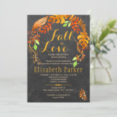 Fall in love gold leaves chalkboard bridal shower invitation (Standing Front)