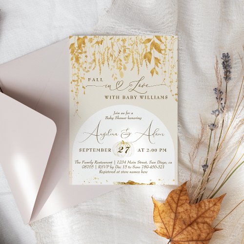 Fall in Love Gold Leaves Neutral Baby Shower Invitation