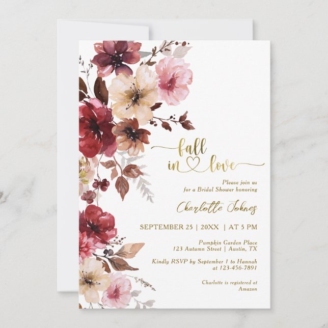Fall In Love Gold Maroon Pink Bridal Shower Invitation (Front)