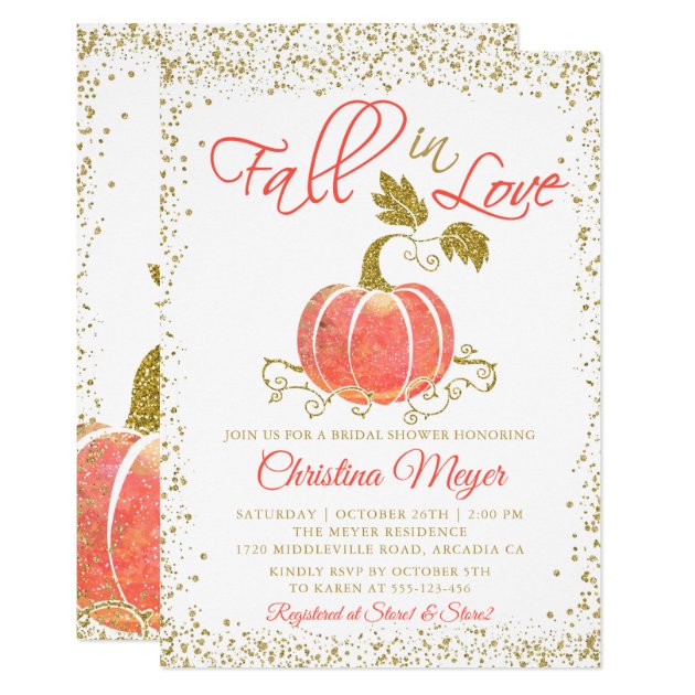 Fall In Love Gold Pumpkin Bridal Shower Invitation