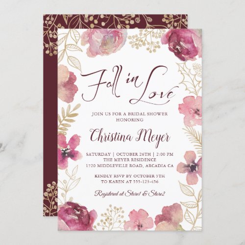 Fall in Love Gold Purple Floral Bridal Shower Invitation