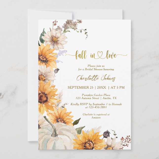 Fall In Love Gold Sunflowers Daisies Bridal Shower Invitation (Front)