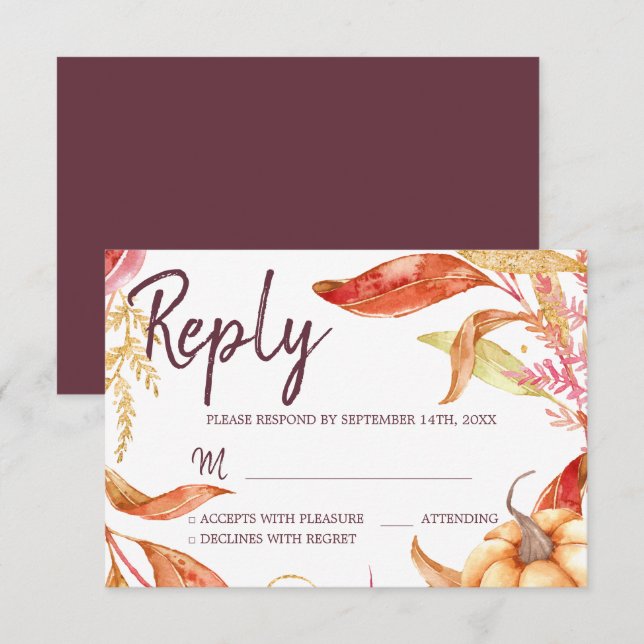 Fall in Love Golden Foliage Autumn Burgundy RSVP Invitation (Front/Back)