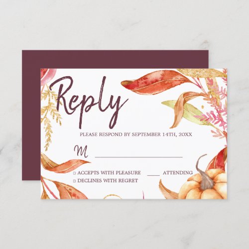 Fall in Love Golden Foliage Autumn Burgundy RSVP Invitation