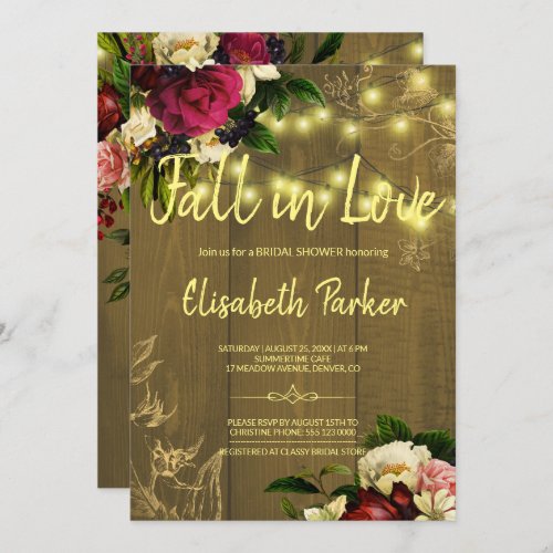 Fall in love golden lights floral bridal shower invitation