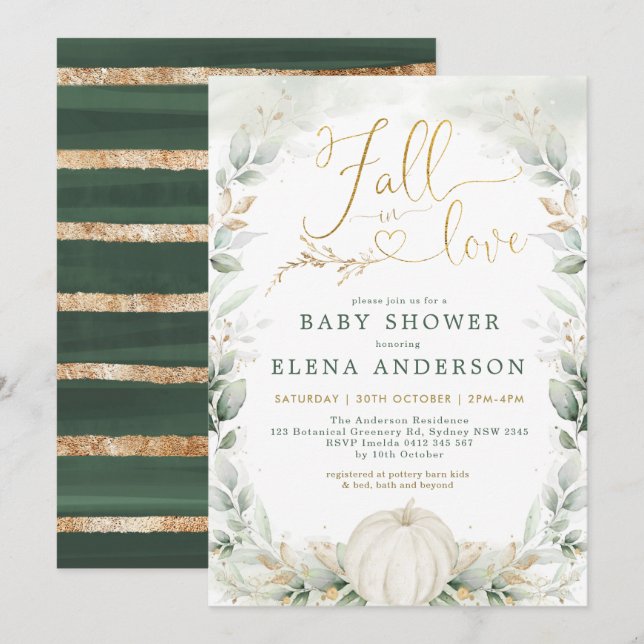 Fall in Love Greenery Gold Pumpkin Baby Shower Invitation (Front/Back)