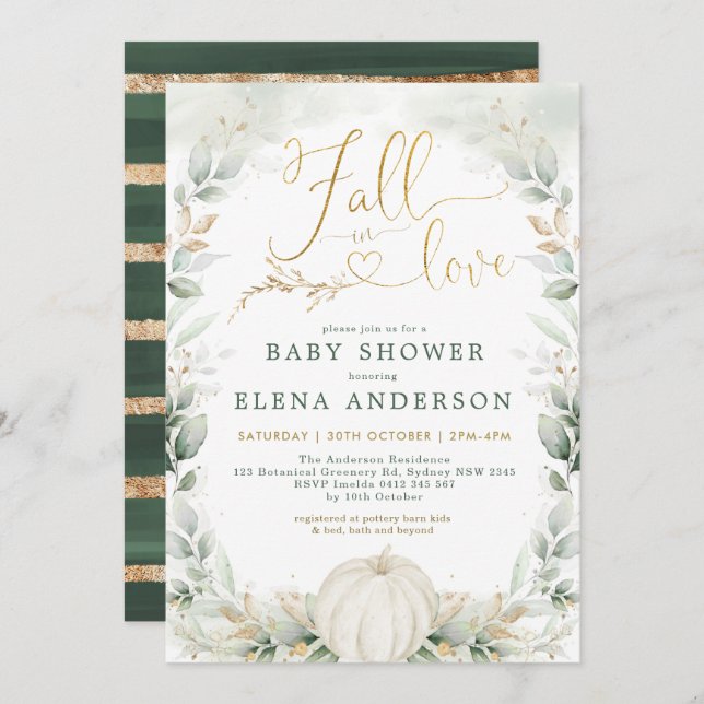 Fall in Love Greenery Gold Pumpkin Baby Shower Invitation (Front/Back)
